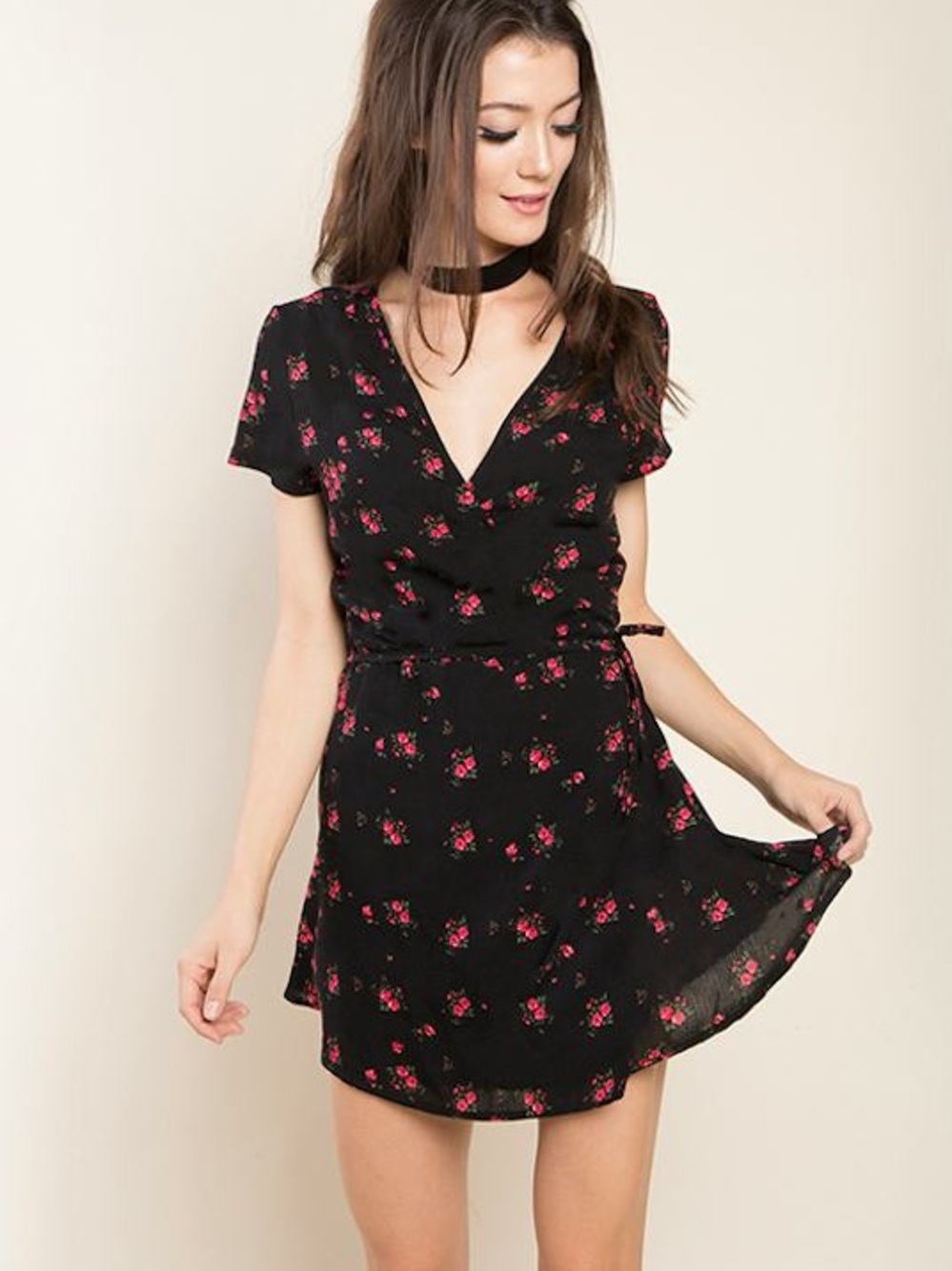 Valfre Black Mini Dress with Pink Floral Print